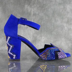 Giuseppe Zanotti LAVINIA Blue Suede Crystal Peep Toe Heels Size 7* US 37 EU S1E1